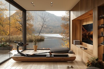 cutting - edge smart rowing machine positioned in a home with a view of the outdoors