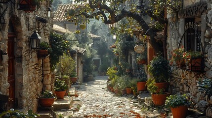 Embark on a journey through a labyrinthine alleyway in an ancient, sun-kissed village,.