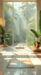 Futuristic yoga studio with a large window and a lot of plants, vertical image