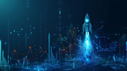 Abstract growth graph chart with launch rocket on technology blue background. Startup and success business concept. Boost metaphor in futuristic light blue style. Low poly
