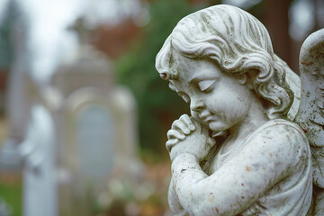 Fototapeta premium Close up of praying angel child statue at cemetery with copy space