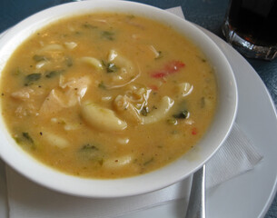 A bowl of creamy turkey pasta soup.