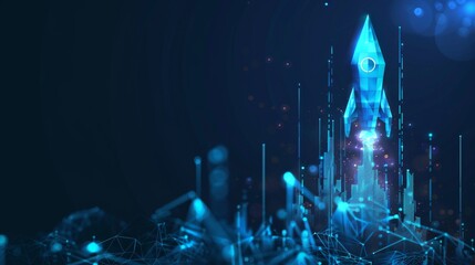 Abstract growth graph chart with launch rocket on technology blue background. Startup and success business concept. Boost metaphor in futuristic light blue style. Low poly