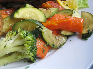 Closeup of an assortment of saut&eacute;ed vegetables.
