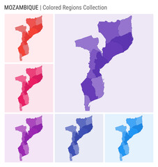 Mozambique map collection. Country shape with colored regions. Deep Purple, Red, Pink, Purple, Indigo, Blue color palettes. Border of Mozambique with provinces for your infographic.