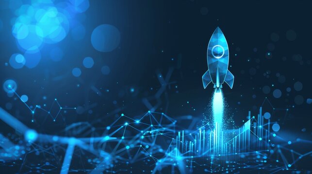 Abstract growth graph chart with launch rocket on technology blue background. Startup and success business concept. Boost metaphor in futuristic light blue style. Low poly