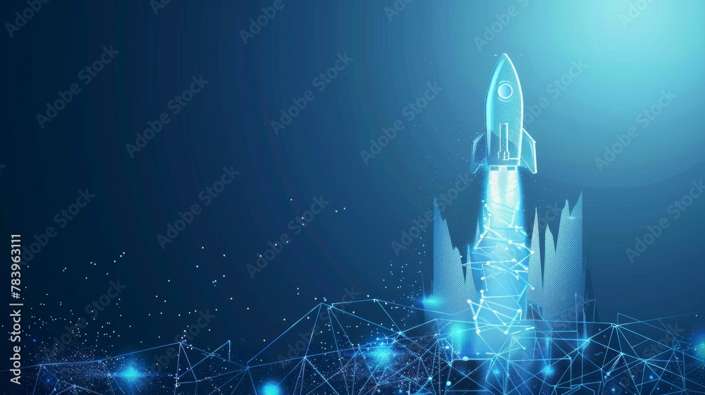 Wall mural abstract growth graph chart with launch rocket on technology blue background. startup and success bu