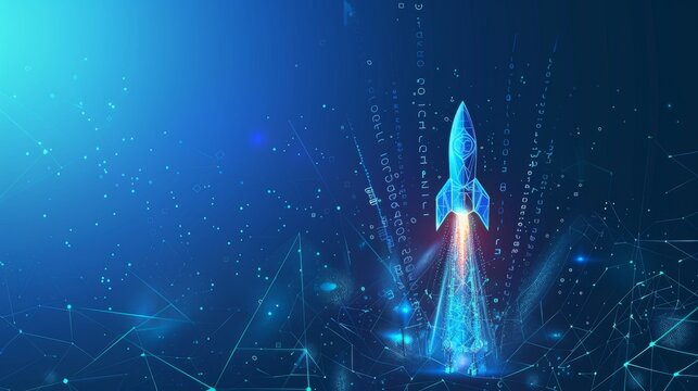 Abstract growth graph chart with launch rocket on technology blue background. Startup and success business concept. Boost metaphor in futuristic light blue style. Low poly