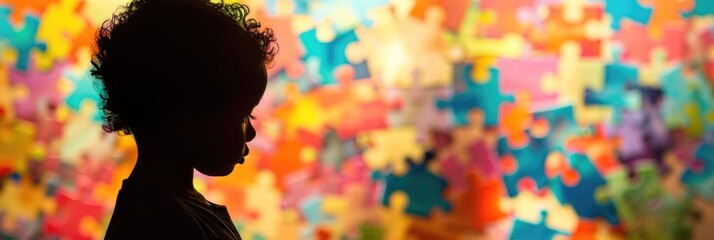horizontal banner, Autistic Pride Day, World Autism Awareness, African-American curly-haired little boy on the background of a multi-colored puzzle wall, side view, rainbow background of puzzle pieces