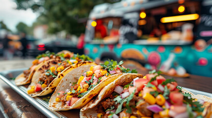 Colorful tacos on a rustic bar, with a vibrant food truck in the background.