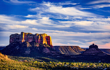 Courthouse Butte and Bell Rock at sunset from Airport Mesa in Sedona Arizona