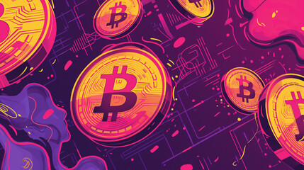 An artistic take on Bitcoin with a surreal and colorful backdrop, emphasizing the dynamic nature of...