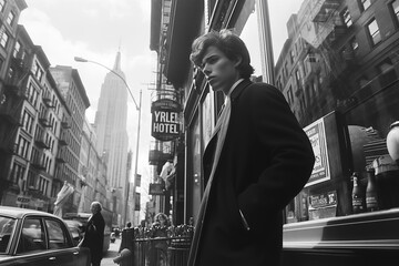 A young man in stylish coat walks along bustling city street, with iconic Empire State Building looming in background. The black-and-white image captures timeless allure of urban life in New York City