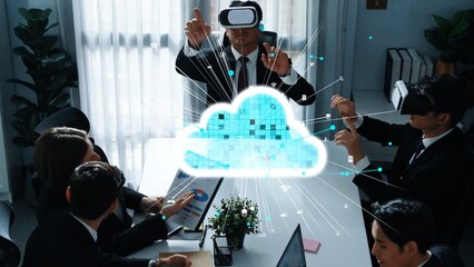 Skilled manager using VR glass to connect cloud data storage server with hologram of big data and...