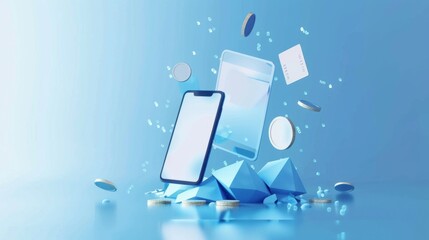 Abstract modern phone, credit bank card, and falling coins on a mobile screen. Save money and cashback concept. Light blue polygonal vector illustration. Cash back metaphor on technology background - obrazy, fototapety, plakaty