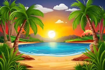 Tranquil coastline sunset scene in tropical summer landscape