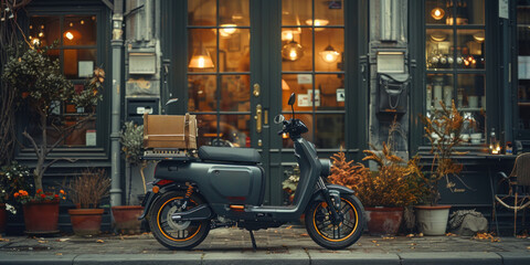 A motorcycle stands parked in front of a building on a city street. - Powered by Adobe