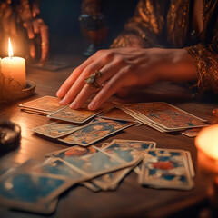Tarot reader chooses Tarot cards. Fortune teller reads cards - obrazy, fototapety, plakaty