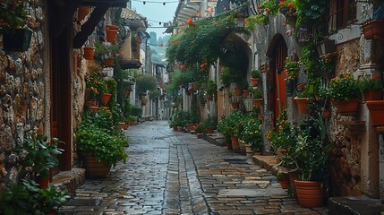 Explore the narrow streets of an ancient city, where weathered stone buildings lean precariously over cobblestone lanes and the air is filled with the scent of spices and incense.