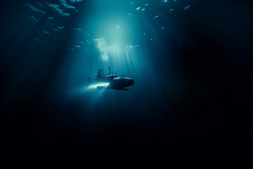 A deep-sea submersible descending into the darkness of the ocean depths. Underwater diving in a sunlit ocean with a floating submarine