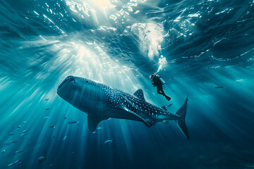 A diver observing a majestic whale shark gliding through clear blue waters.Electric blue whale shark swims with scuba diver underwater