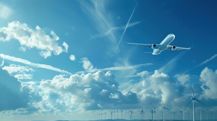 Sustainable Skies: Airplane Over Wind Farm - Airplane soars in the sky above an eco-friendly wind turbine farm