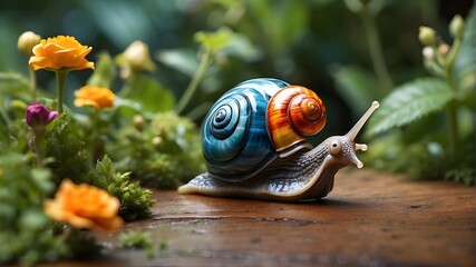 A snail moves slowly and deliberately across the garden path one calm summer day. Its shell, a tiny work of art, The vivid colors  - obrazy, fototapety, plakaty