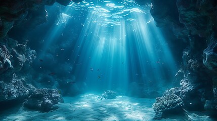 Float through the silent depths of an underwater cavern, where shafts of sunlight pierce the gloom...