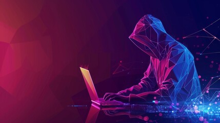 Abstract polygonal hacker with laptop on technology dark background. Cyber attack and cyber security concepts. Computer hacking. Digital technology. Man in hoodie
