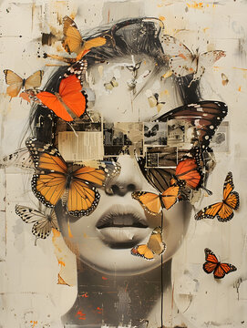 a painting of a woman s face with butterflies on it