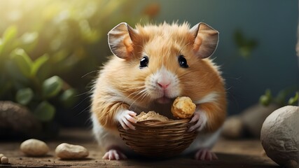A fat hamster putting nuts and seeds into its cheeks  - obrazy, fototapety, plakaty