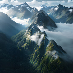 Majestic Serenity: The Spectacular Mountain Ranges of New Zealand Bathed in Soft Sunlight - obrazy, fototapety, plakaty
