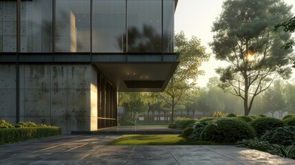 Fototapeta premium A modern eco-architecture building featuring wooden design elements, green terraces, and integrated plant life.