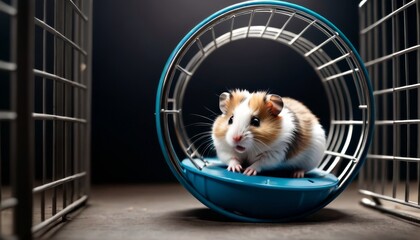 A fluffy hamster captured mid-stride on a blue exercise wheel, set against the dark background of its cage.. AI Generation