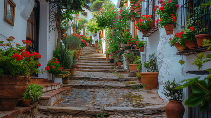 Fototapeta na wymiar A hidden alleyway filled with the aroma of freshly baked bread, beckoning visitors to explore the culinary delights of a Spanish village-1