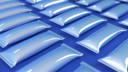 Realistic mockups of a flow packs on blue background. 3d illustration