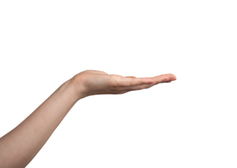 Hand palm stretching out, offering, showing gesture, isolated on white background, transparent png