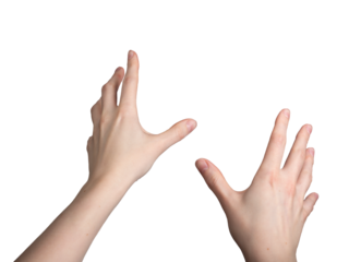 Hands gesturing during VR activity, first person view, isolated on white background, transparent png