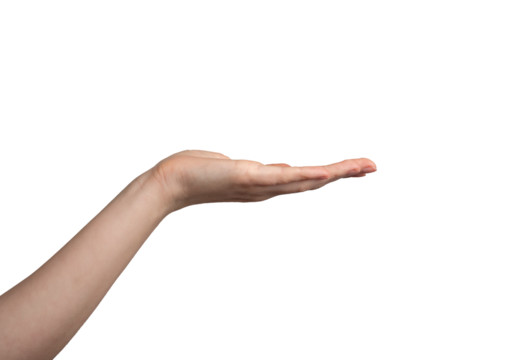Hand palm stretching out, offering, showing gesture, isolated on white background, transparent png