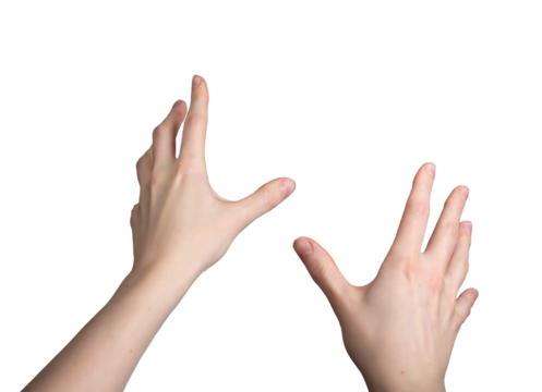Hands gesturing during VR activity, first person view, isolated on white background, transparent png
