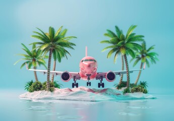 Toy plane, Air plane lands on a paradise island with palm trees. Tourist bright summer advertising card. Palm trees, ocean, sea waves and sandy beach.
