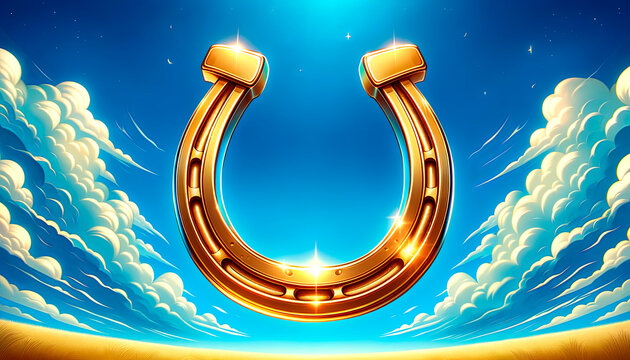 A golden horseshoe shines brightly in the sky, framed by billowing clouds, conveying a sense of luck and optimism in a vivid, dreamlike setting.