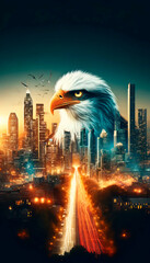 digital artwork that overlays the fierce gaze of an eagle onto a bustling cityscape, embodying the spirit of freedom and vigilance within an urban environment.