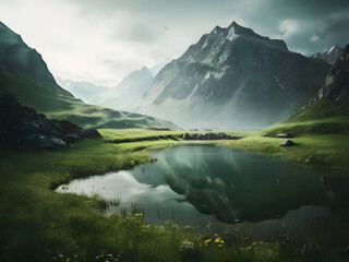 A small lake high in the mountains surrounded by green meadows. Near the natural background, the landscape is reflected on the surface of the water - obrazy, fototapety, plakaty