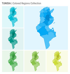 Tunisia map collection. Country shape with colored regions. Light Blue, Cyan, Teal, Green, Light Green, Lime color palettes. Border of Tunisia with provinces for your infographic. Vector illustration.