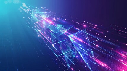 Digital bunch of glowing arrows up diagonally. Abstract boosting conception of high-speed Internet connection. Light low poly wireframe vector illustration on technology blue background