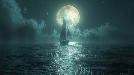 Sail across the tranquil waters of a moonlit bay, where the silvery light of the full moon...