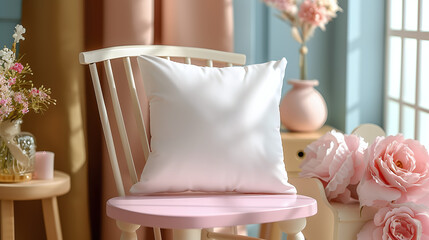 blank white square pillow on chair, soft pastel colors in background, put your logo