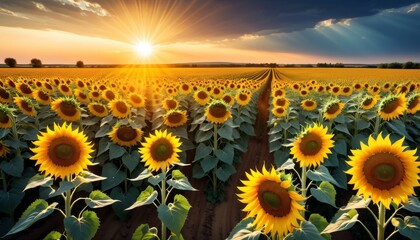Vast field of sunflowers bathed in the warm glow of a setting sun, creating a serene rural landscape.. AI Generation. AI Generation - obrazy, fototapety, plakaty