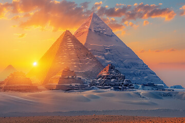 Majestic pyramids rise against the desert sunset, shrouded in the secrets of ancient times-1 - obrazy, fototapety, plakaty